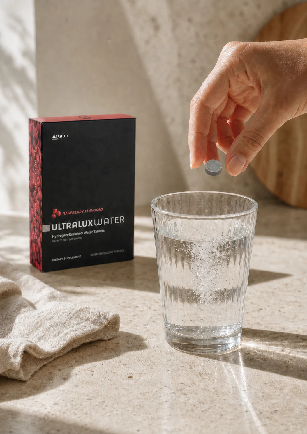 A hand adding a thick mineral-gray UltraLux hydrogen water tablet to a clear glass of water