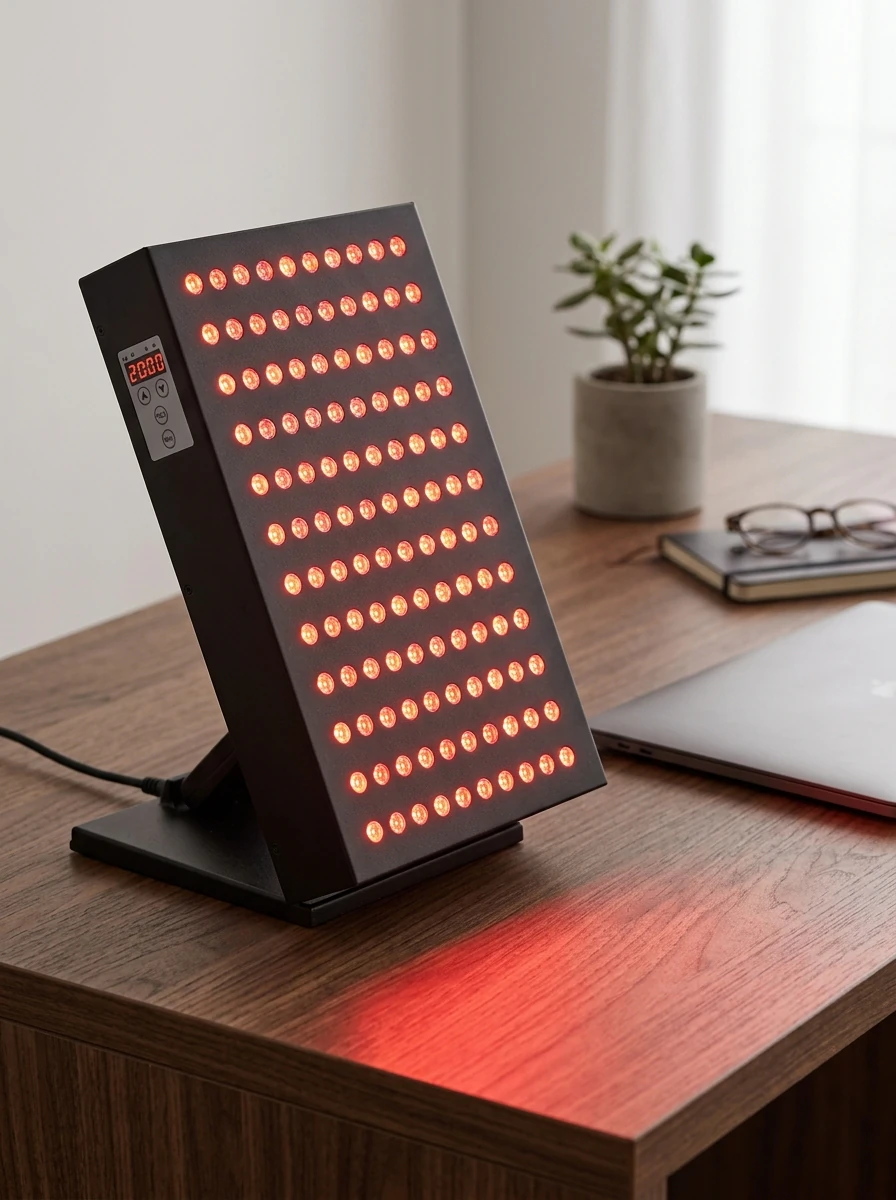 UltraLux Red Mini tabletop red-light panel glowing on a wooden desk