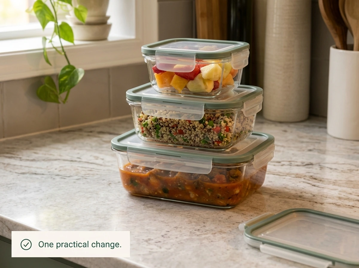 Stacked glass food containers on a kitchen counter. One practical change.