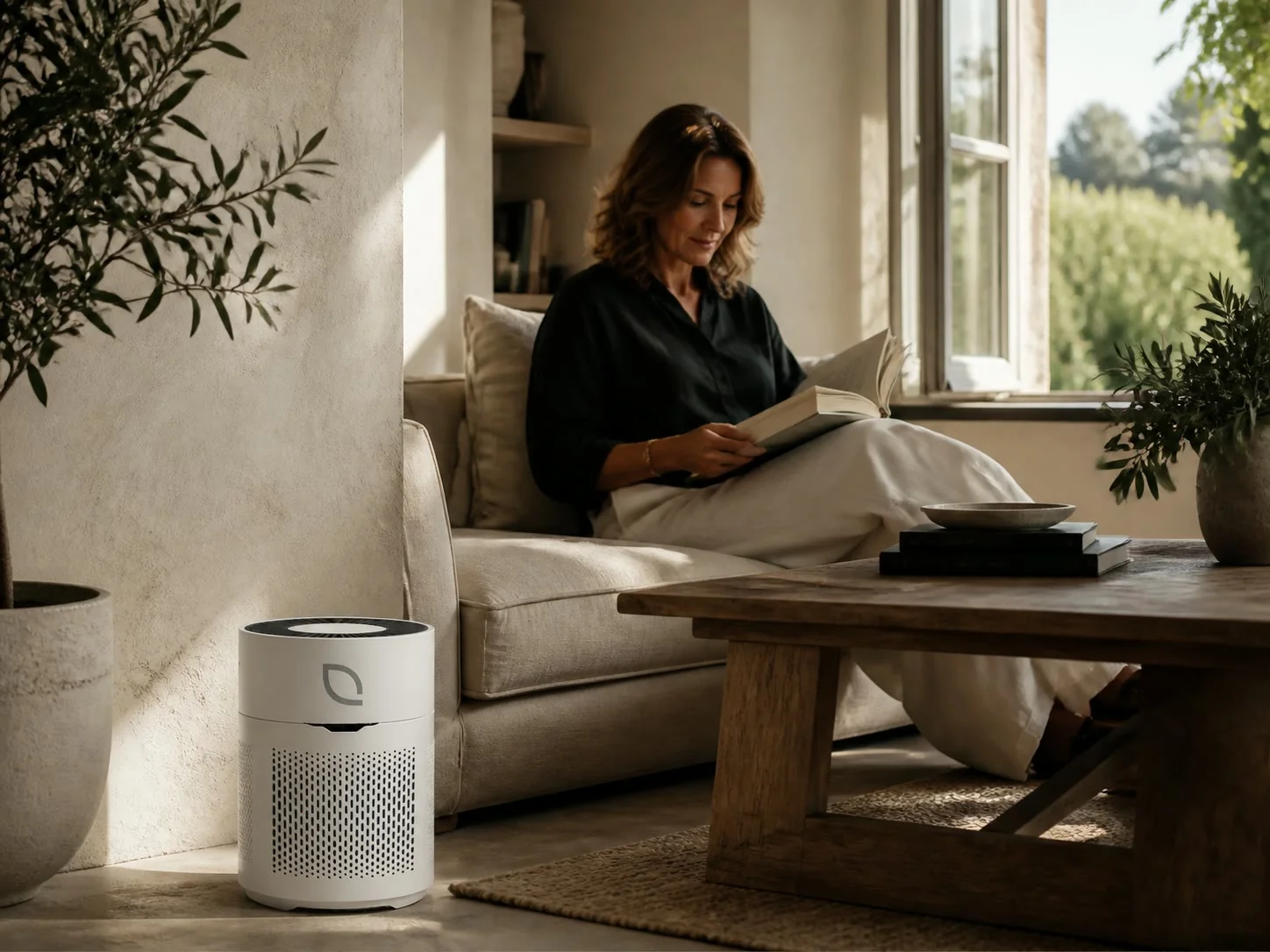 Woman reading near an UltraLux air purification unit
