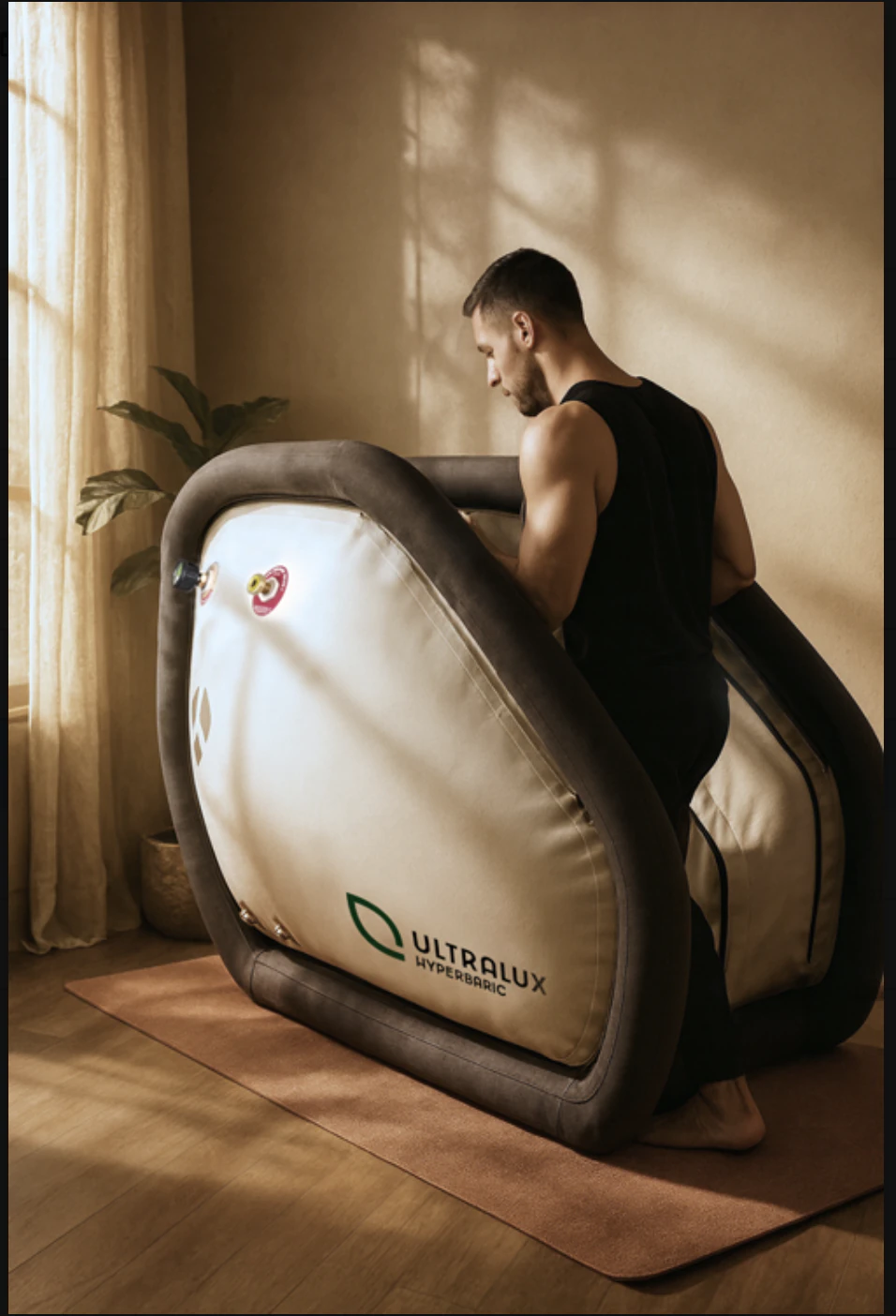 Man entering an UltraLux soft-sided hyperbaric chamber