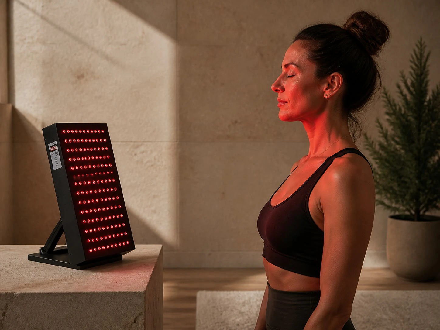 Woman using a red light panel in a quiet home studio