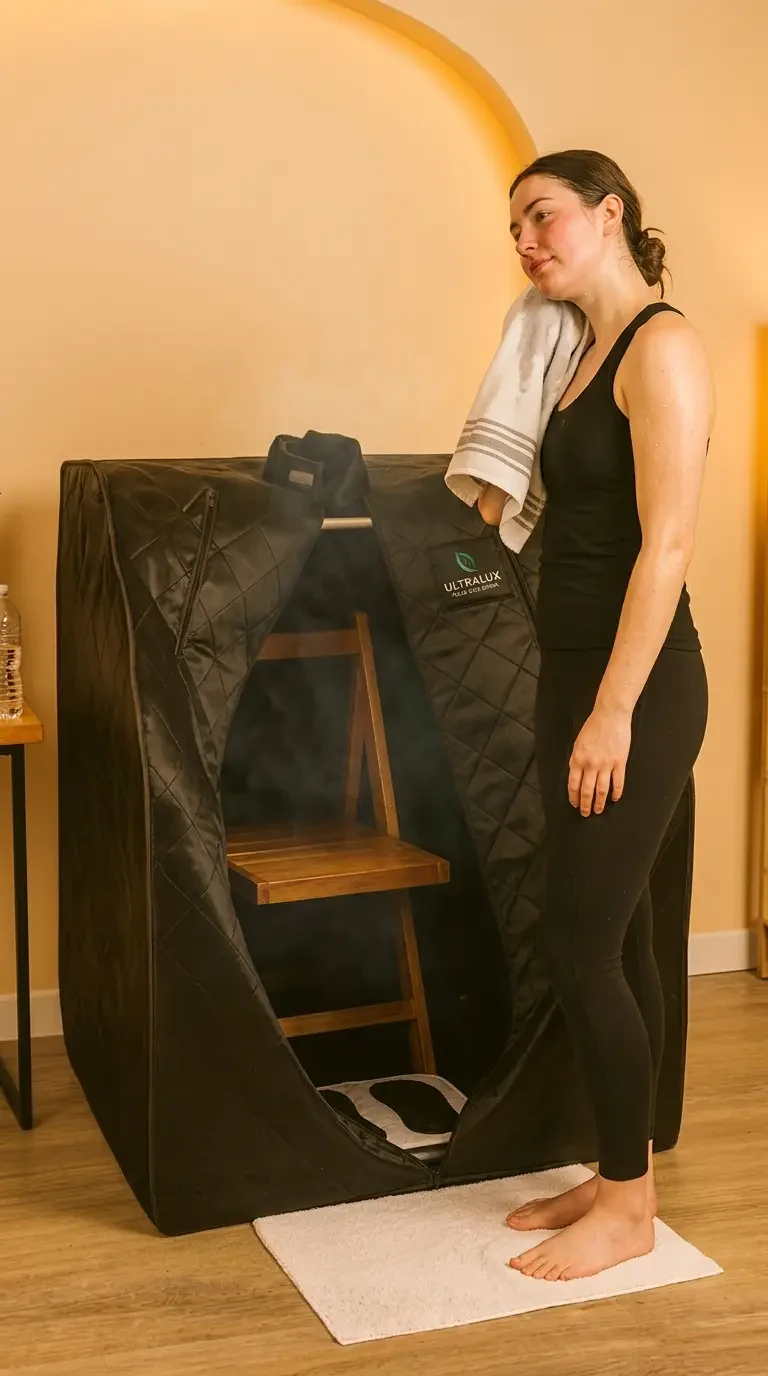 Woman cooling down beside an UltraLux foldaway infrared sauna