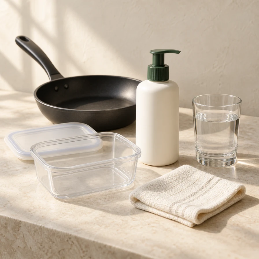 Illustrative still life of a frying pan, food container, personal-care bottle, glass of water and folded cotton cloth.