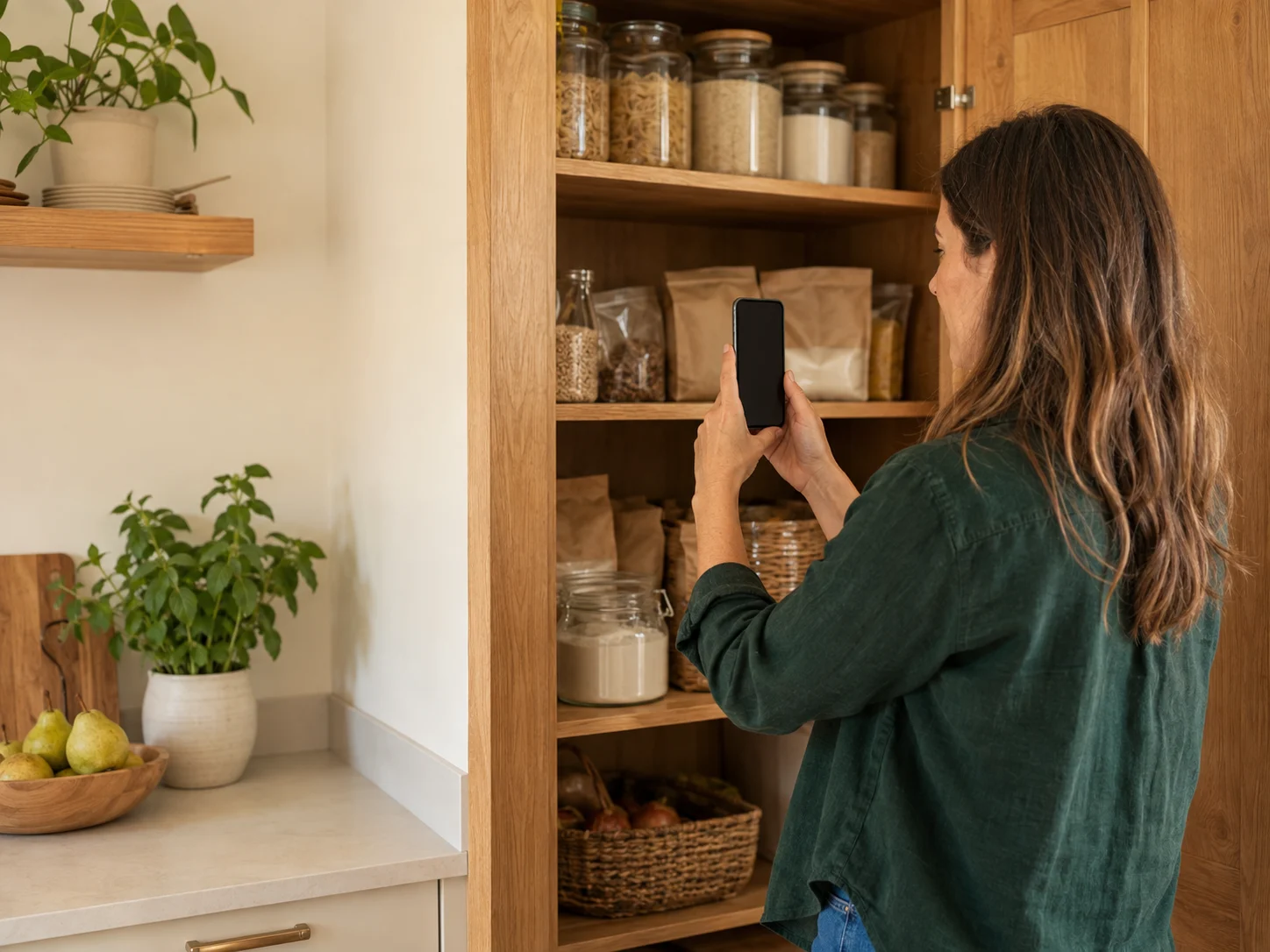 Illustrative scene of a woman photographing the products in her pantry.