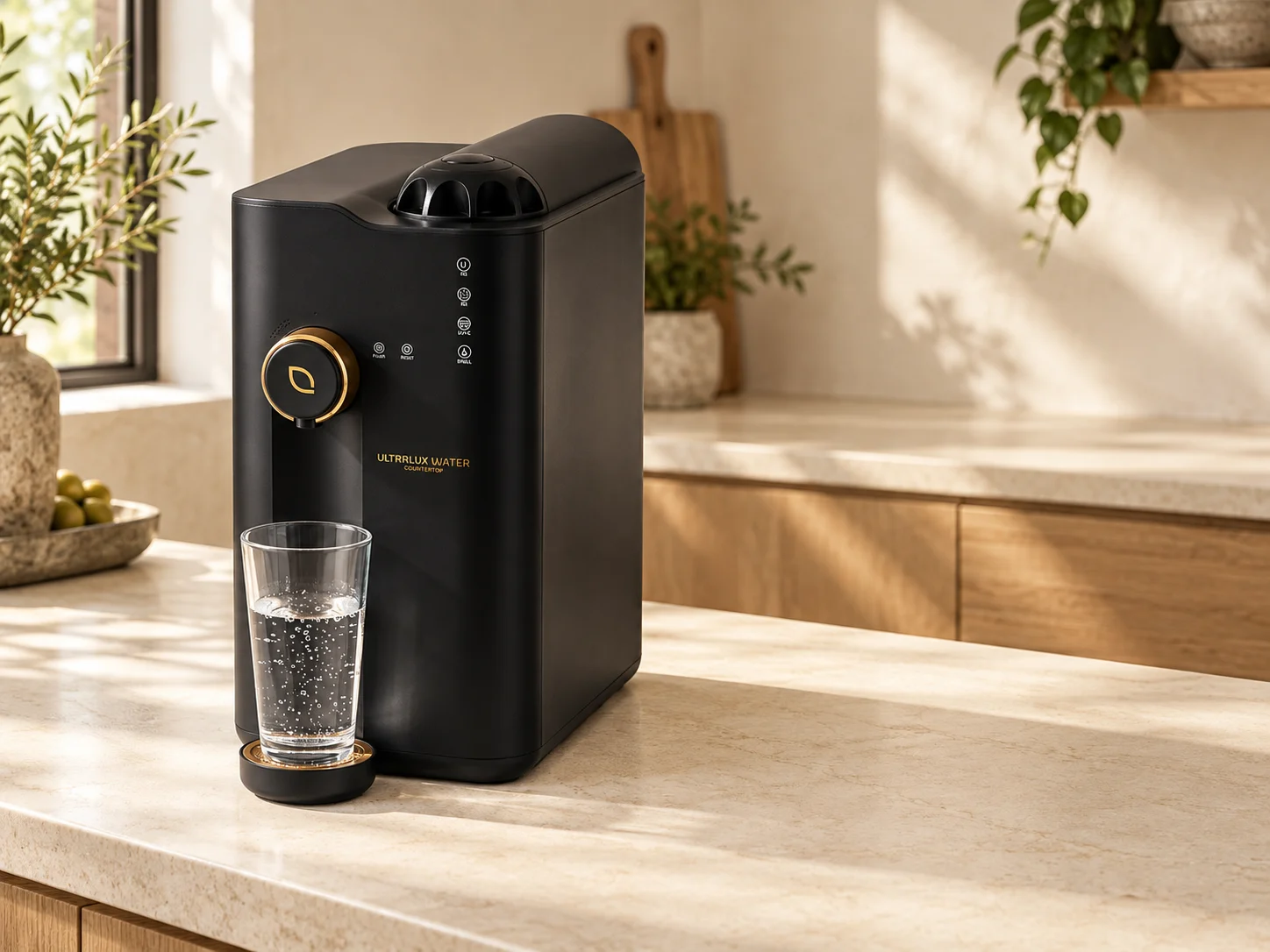 Illustrative photograph of the UltraLux Water Machine and a glass of water in a warm kitchen
