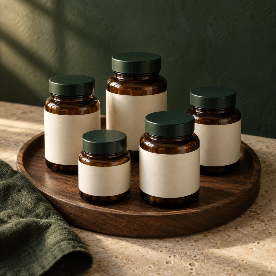 Illustrative collection of five amber supplement bottles on a walnut tray against a forest-green backdrop.