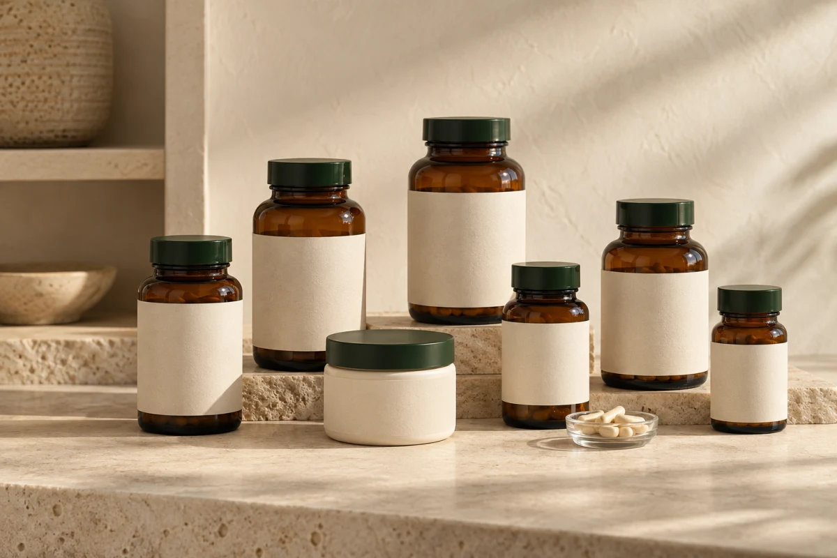 Illustrative premium supplement collection in amber glass and ivory packaging, arranged on limestone shelves.