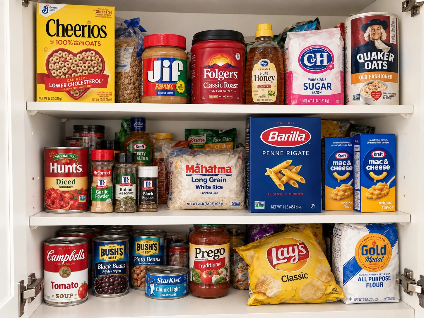 Illustrative American pantry with everyday packaged groceries.