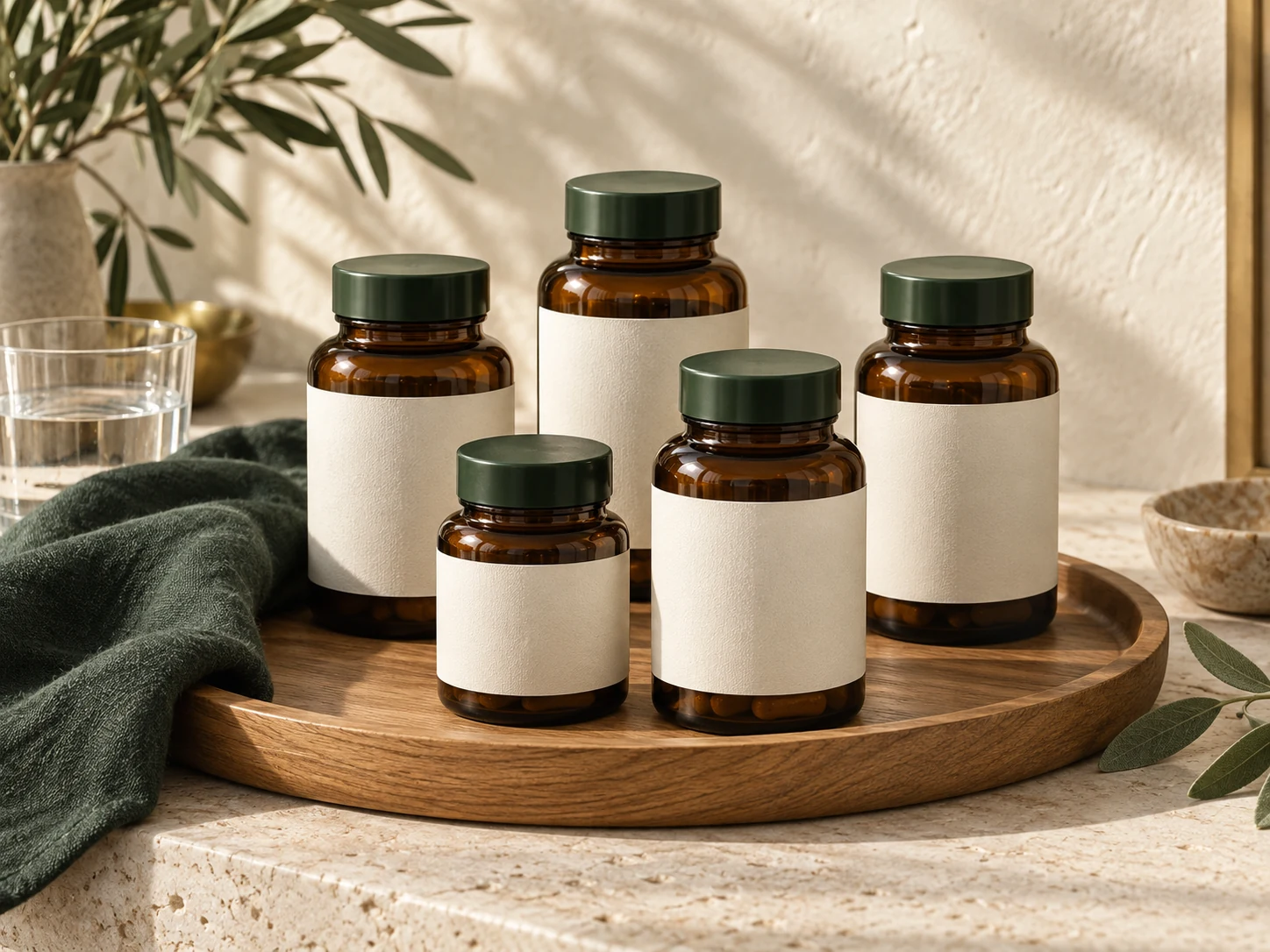 Illustrative arrangement of five unbranded supplement bottles on a wooden tray.