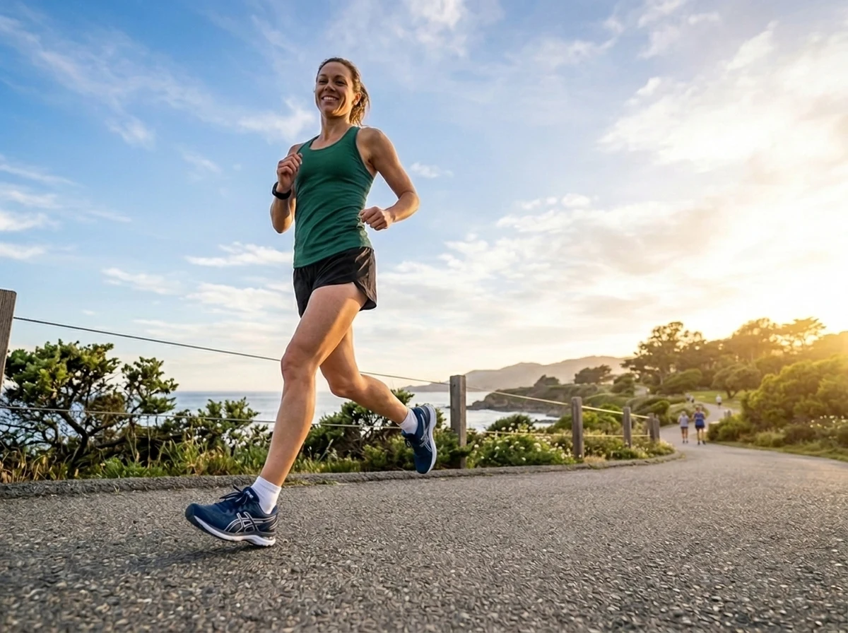 Illustrative image of a woman running along a coastal path in natural sunlight.