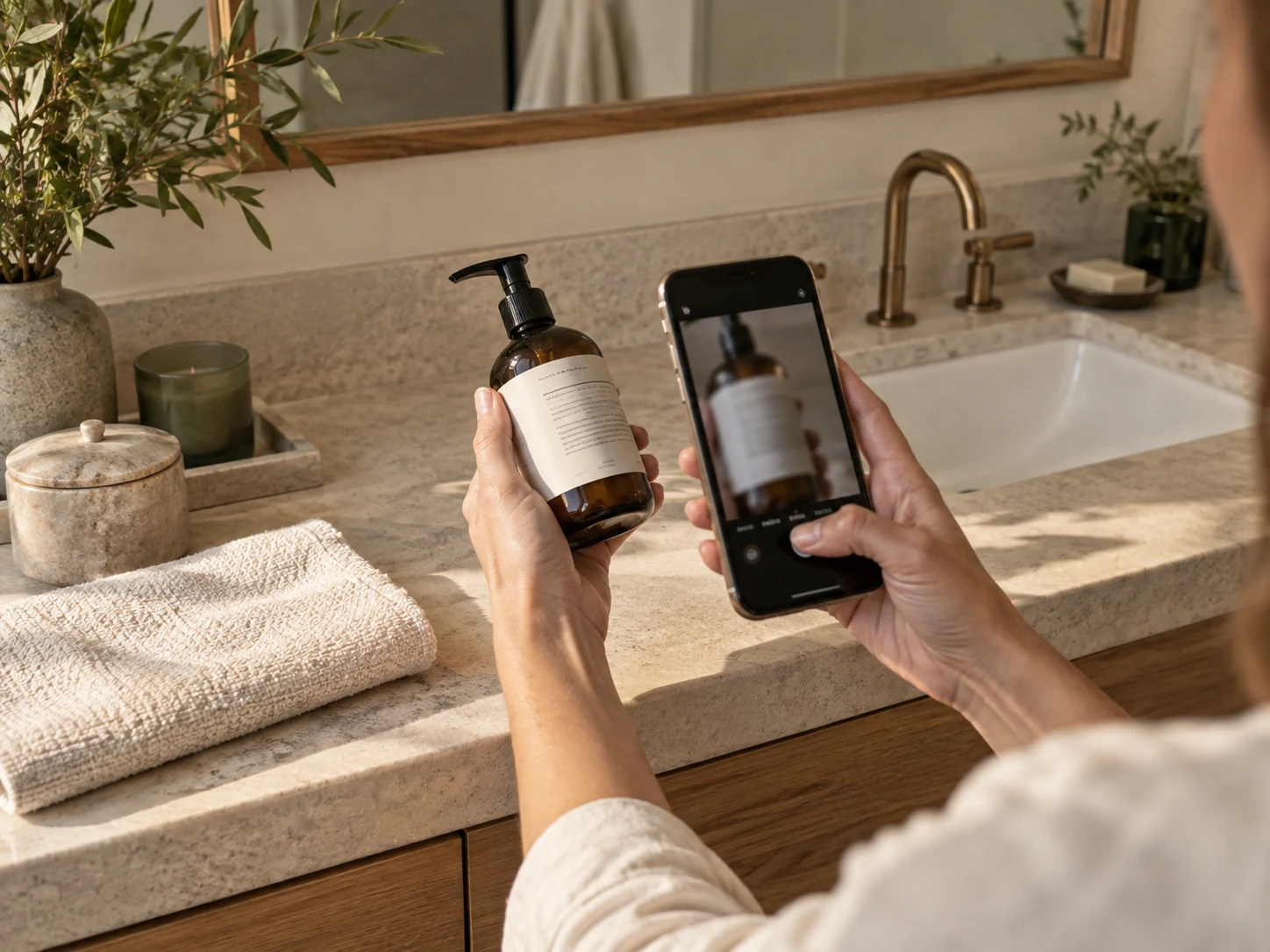 Illustrative scene of someone photographing a personal-care label at home.